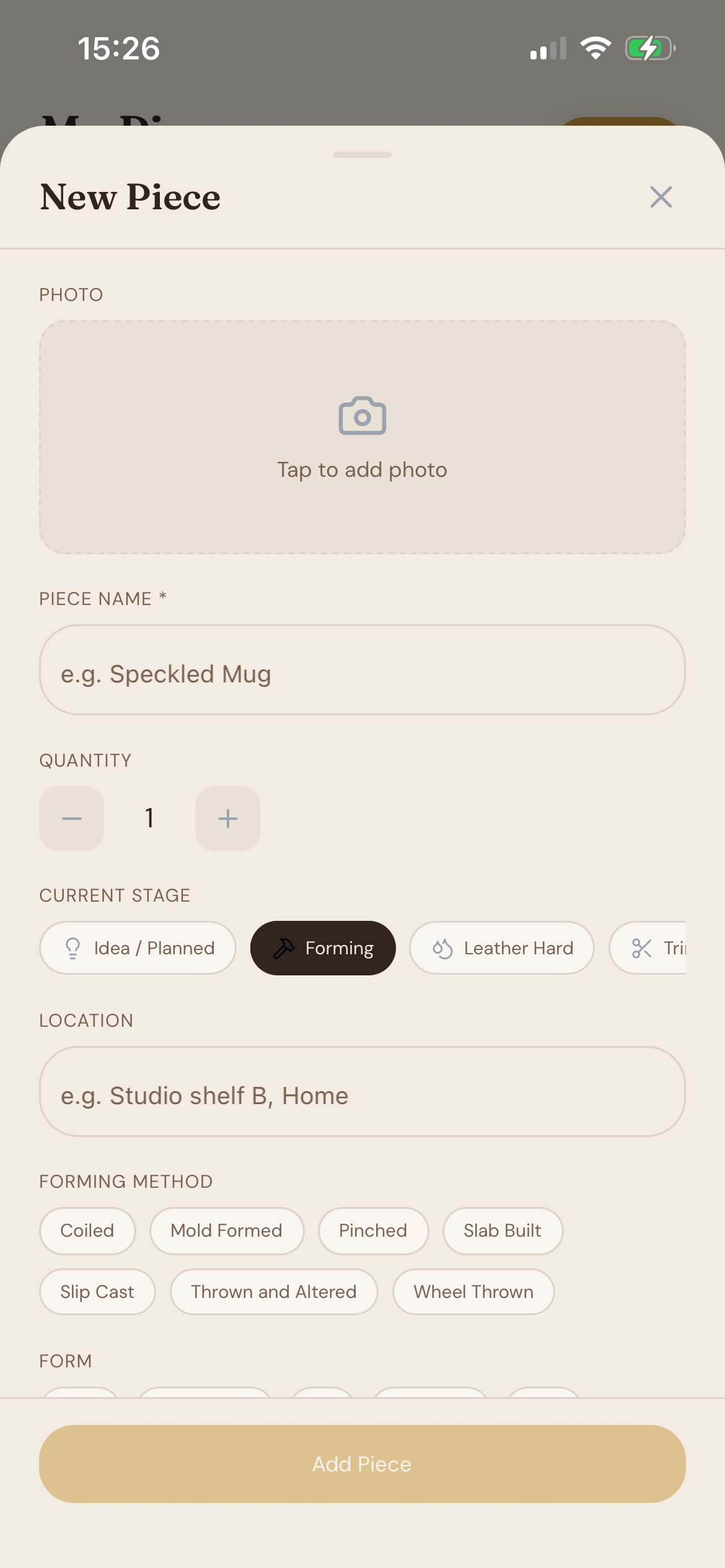 Add piece modal for quickly entering a new ceramic piece