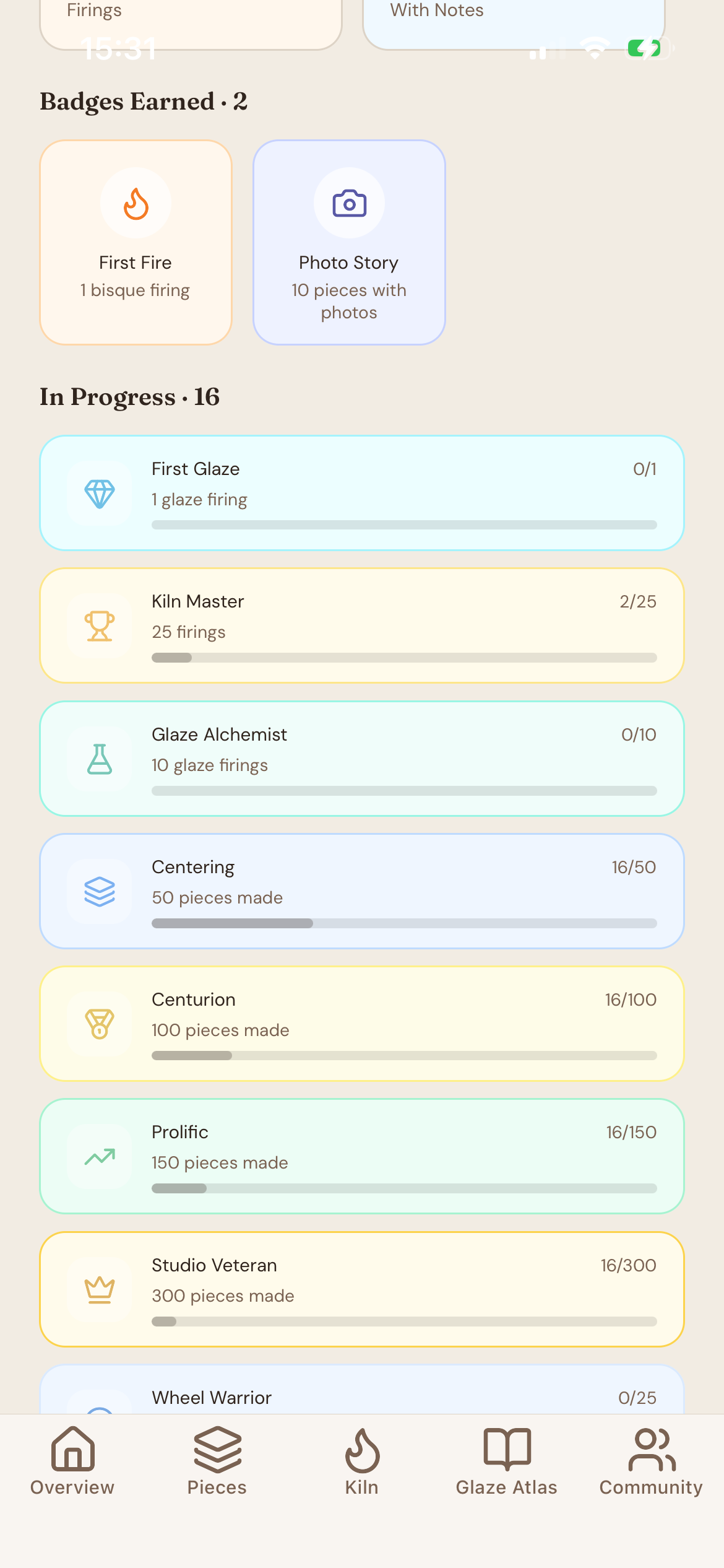 Badges screen with progress and celebration elements
