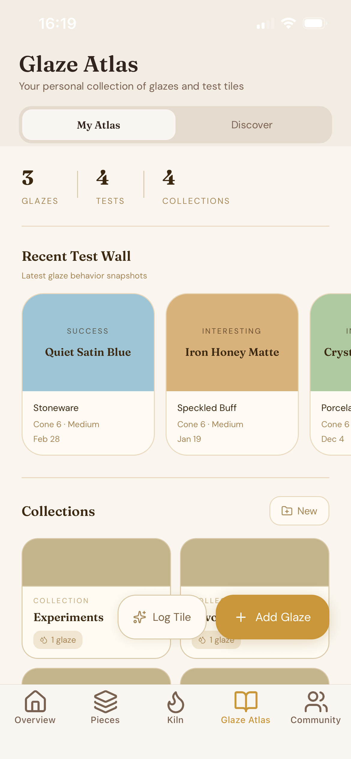 Glaze lab screen for test tiles and glaze history