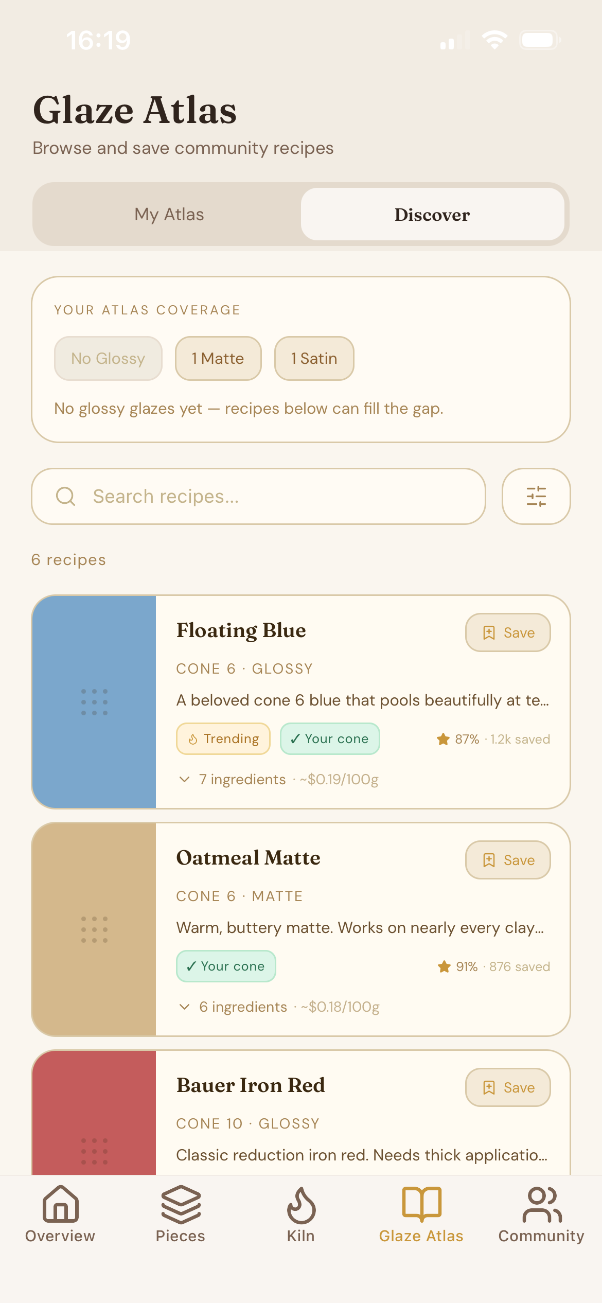 Glaze discovery screen for browsing glaze ideas and results