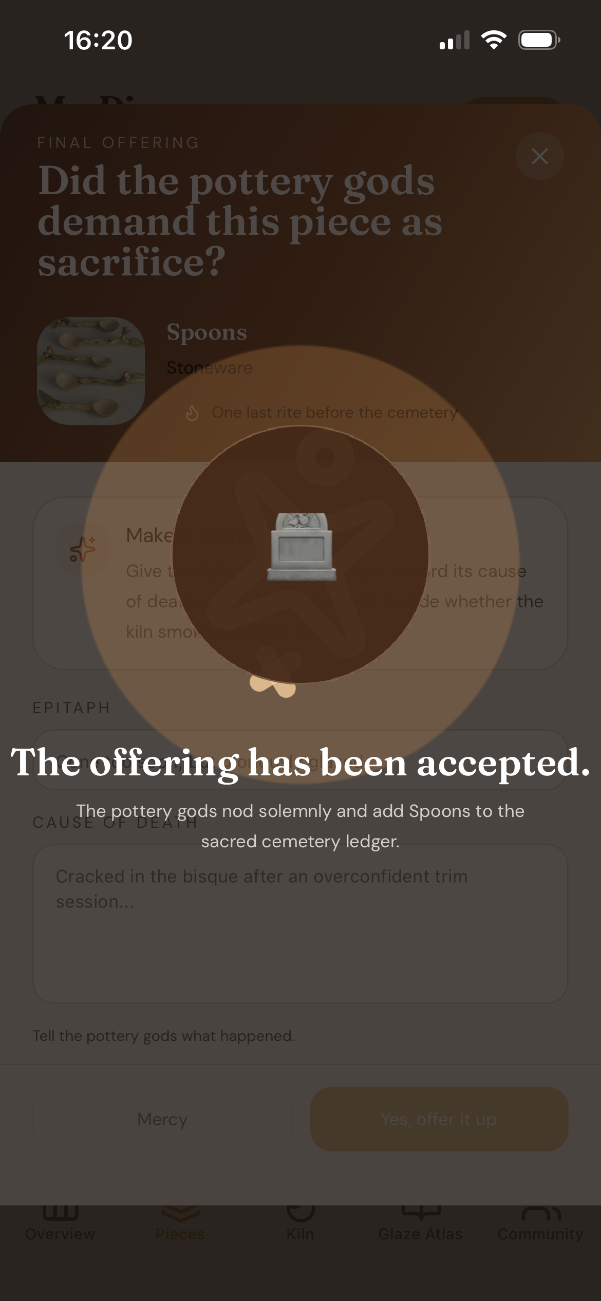 Piece sent to cemetery ritual screen showing a playful milestone moment